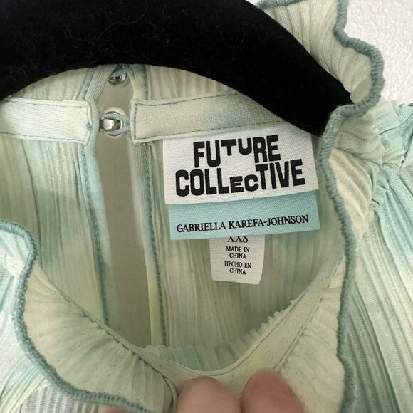 Future Collective Plisse Midi Dress Sz XXS Sleeveless Green White Yellow Boho - Picture 4 of 7